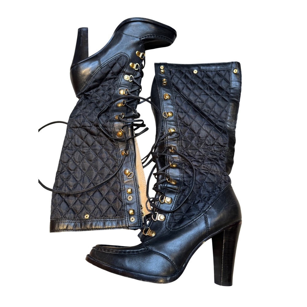 Michael Kors Black Quilted Leather Lace Up High Heel Boots Womens 8M Gold - Picture 2 of 11
